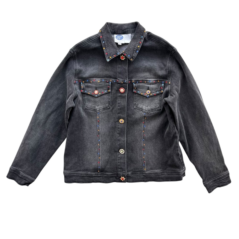 DG2 Diane Gilman Women’s M Black Denim Multicolor Rhinestones Button Jean Jacket